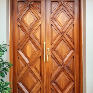 Solid Wooden two vertical panel carved doors with elegant design, finish with PU polish